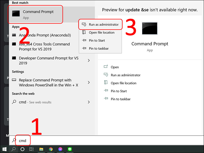 Mở Command Prompt bằng quyền admin